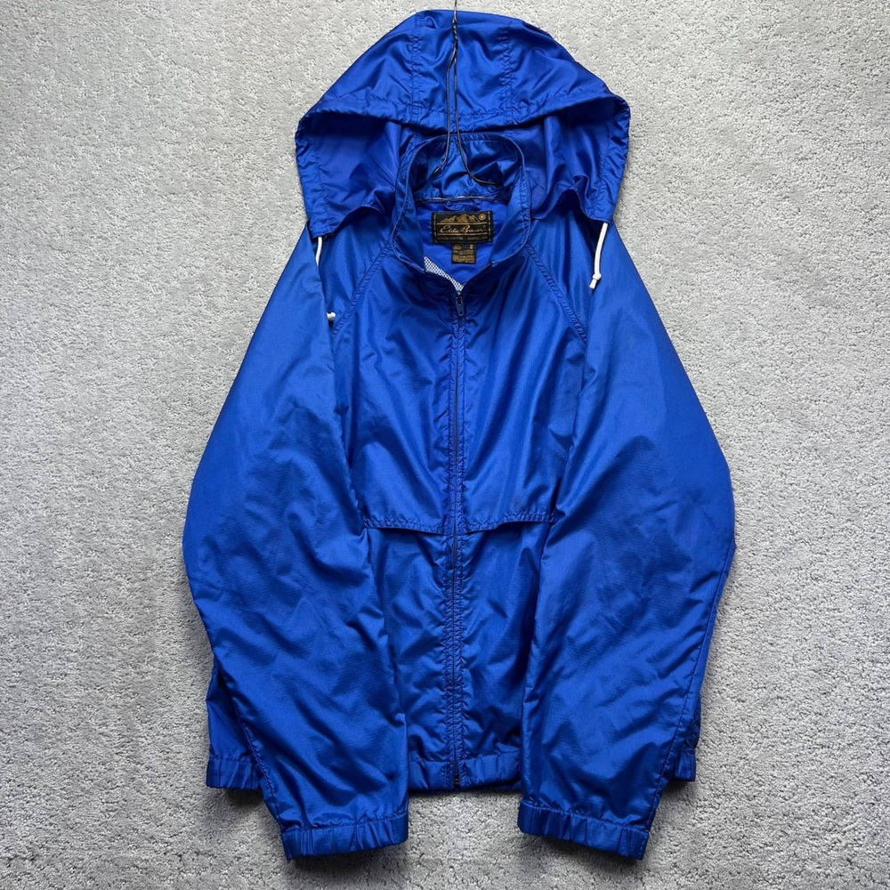 VINTAGE Eddie Bauer Jacket Mens Medium Blue Ripstop Nylon Hooded Windbreaker